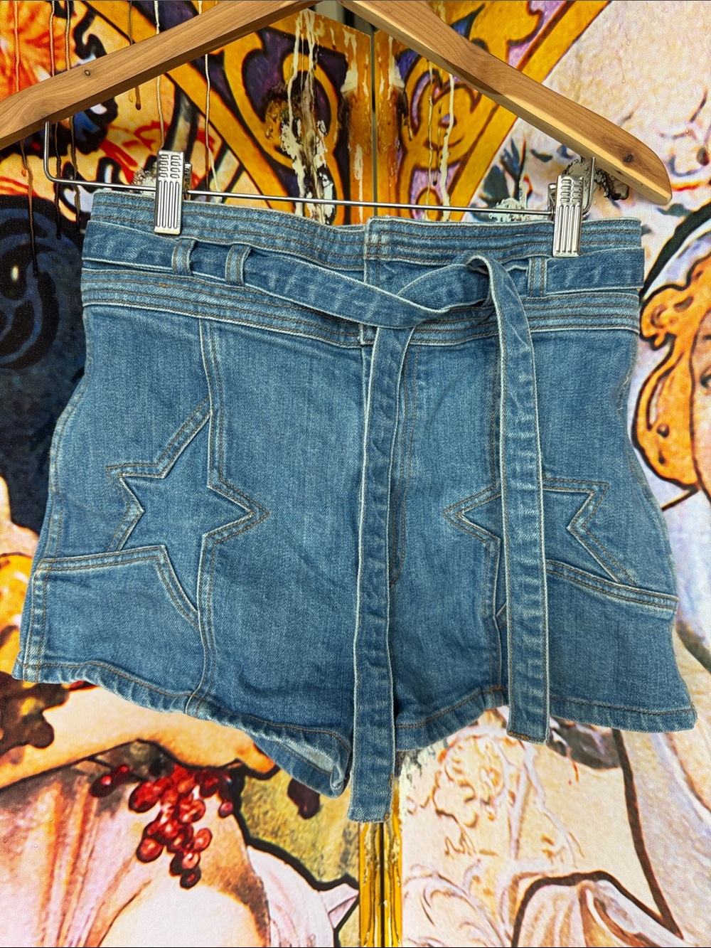 Stoned Immaculate Blue Denim Star Patch Tie-Front Shorts